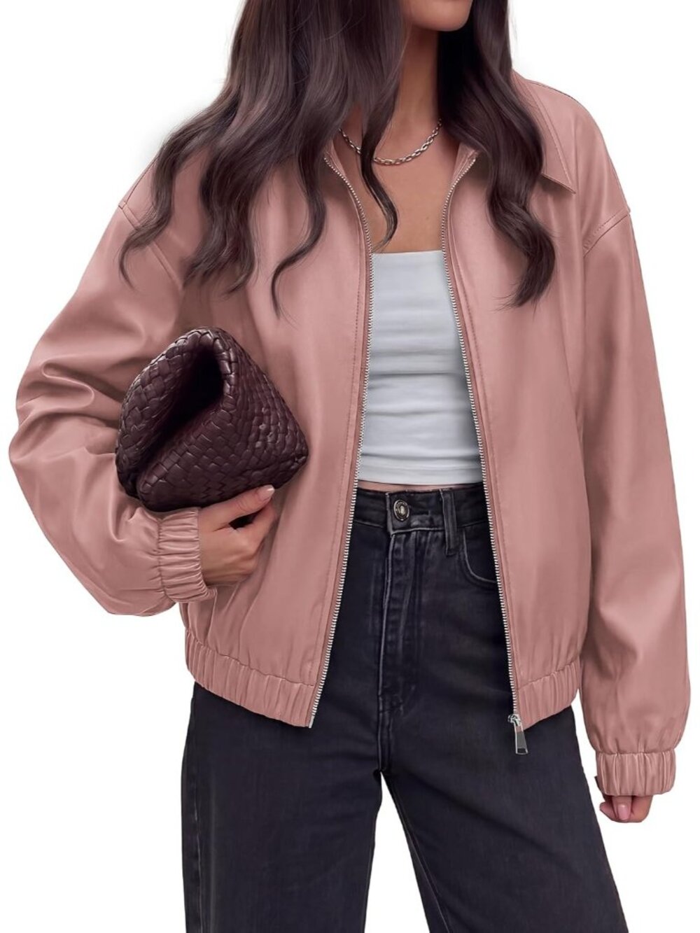 Women's Pink Faux Leather Oversized Zip Up Fall Winter Y2k Bomber Jacket